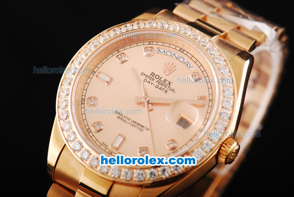 Rolex Day Date II Automatic Movement Full Rose Gold with Diamond Bezel-Diamond Markers and Rose Gold Dial - Click Image to Close